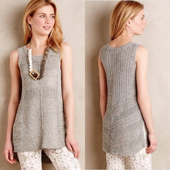 Anthropologie Sparrow Grey Marled Knit Sleeveless Sweater Tunic in Black Motif - Picture 1 of 12